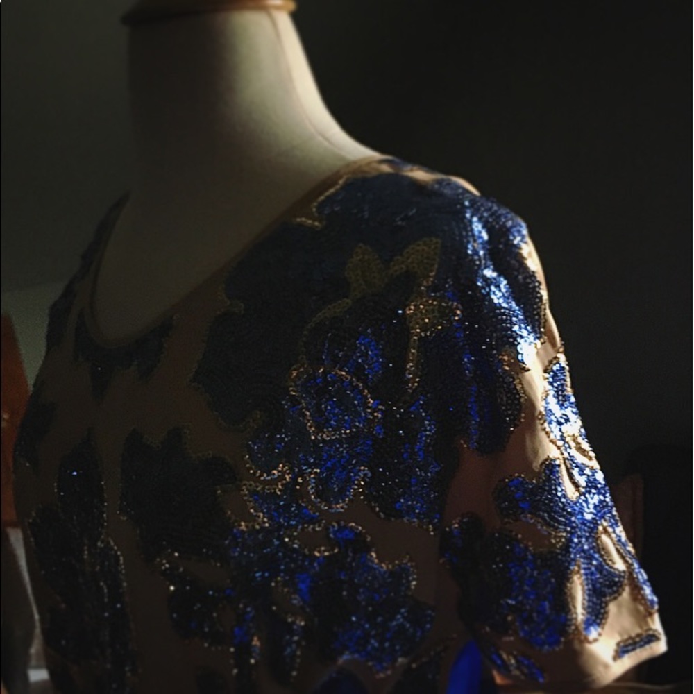 Vintage indigo blue sequin and silk dress shirt